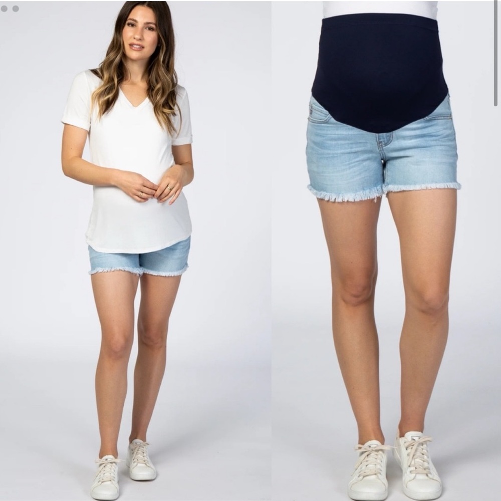 Pinkblush Light Wash Fringe Hem Maternity Denim Jean Shorts